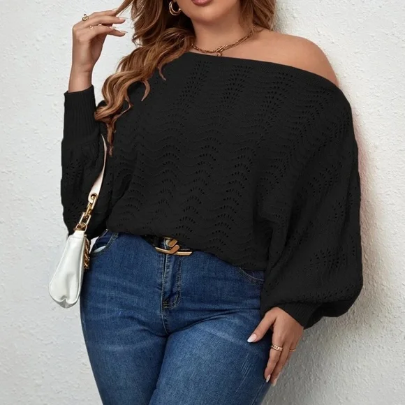 Plus Off Shoulder Batwing Sweater Top - Picture 3 of 13